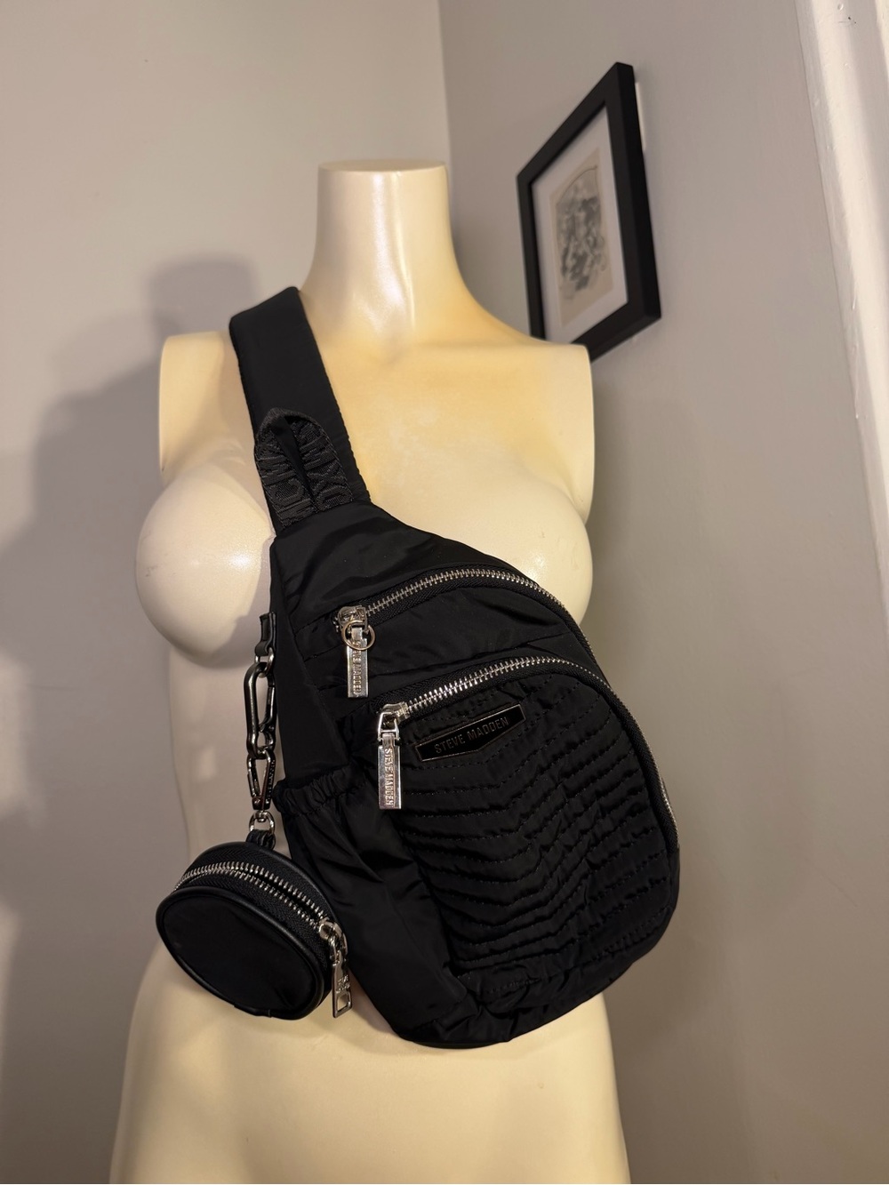 Steve Madden Black Quilted Crossbody Belt Bag with Detachable Coin Pouch